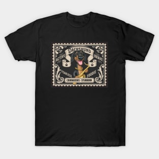 Funny Dachshund playing sax on classic stamp design T-Shirt